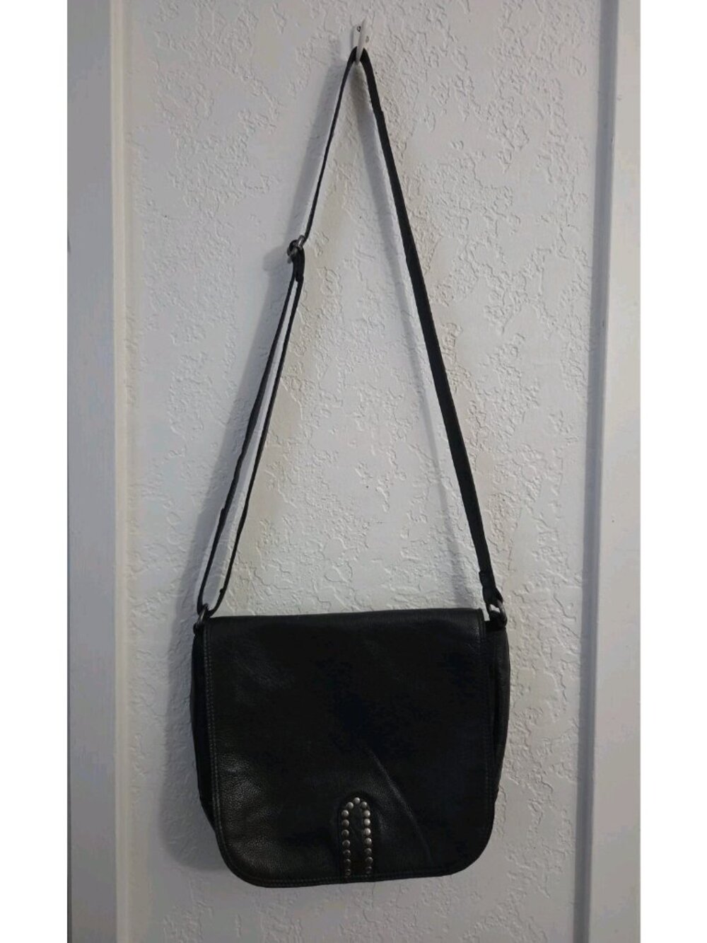 Latico Soft Pebbled Black Leather Saddlebag Messenger Fold Over Studded Handmade